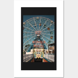 Coney Island, wonder wheel ferris wheel with vintage neon sign Posters and Art